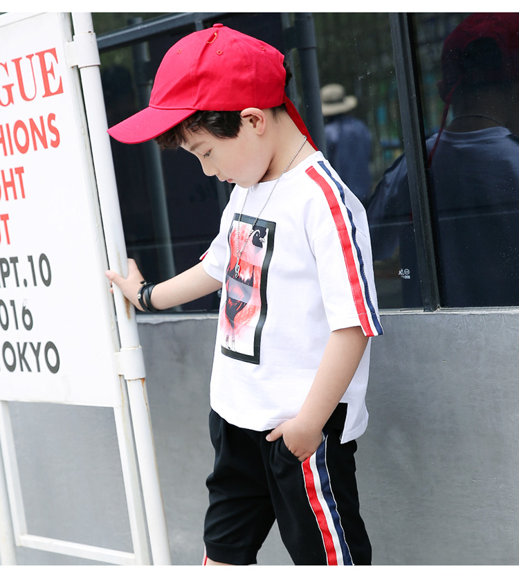 笛钰 夏季儿童套装3-12岁男童贴布公鸡印花短