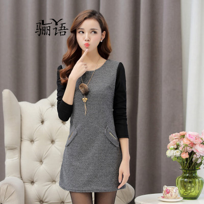骊语 2016秋装长袖棉麻连衣裙中年女装中长款