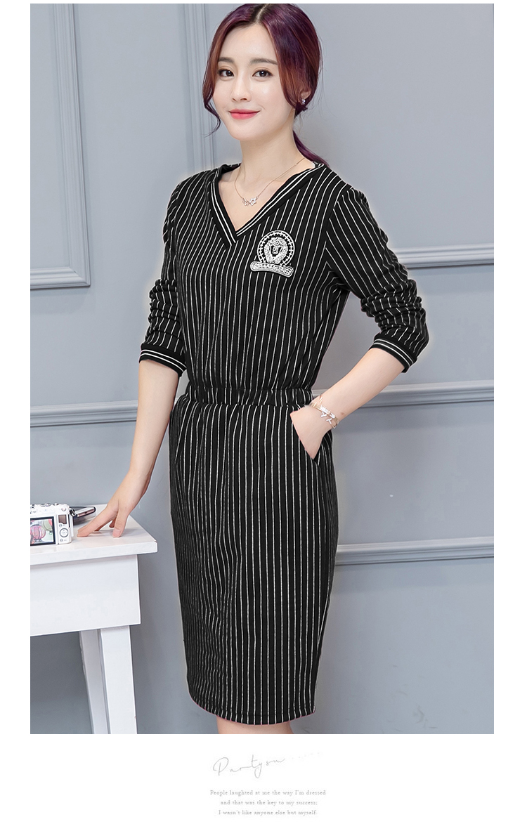 三际2016秋季新款女装V领条纹长袖中长款连衣