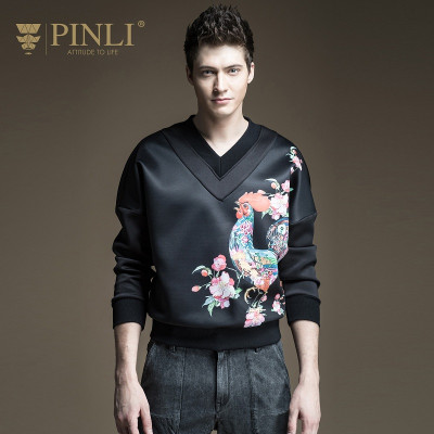 PINLI品立 2017春季新品男装 修身印花V领套头