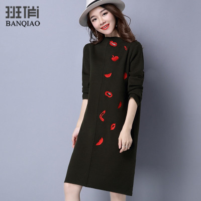 班俏2016秋冬女针织连衣裙长袖宽松中长款欧