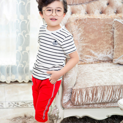 啦嘟熊2017夏季新品男小童条纹学院风套装短