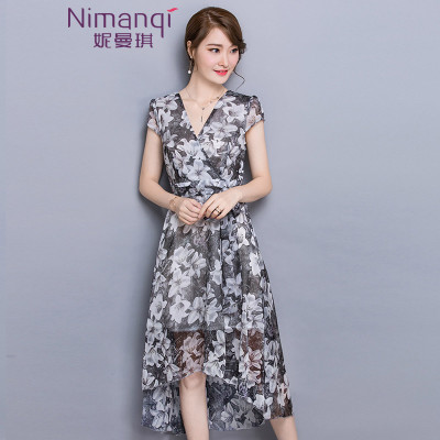 妮曼琪夏季新款雪纺韩版V领燕尾裙短袖长裙水