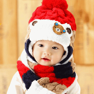 sukerr冬季宝宝帽子 儿童加绒毛线帽子围巾两件