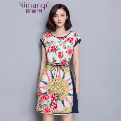 妮曼琪仿真丝连衣裙 夏季新款修身短袖女裙子