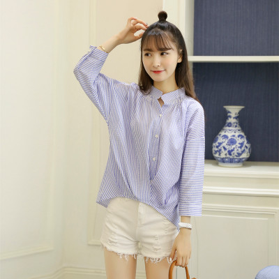 馆 文艺立领褶皱竖条纹套头棉麻衬衫女宽松显