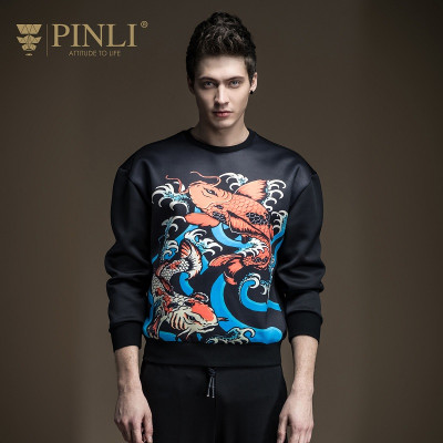 017春装新款男装修身圆领印花套头卫衣男潮B