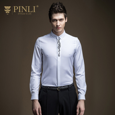 PINLI 品立2017春季新品男装绣花长袖棉衬衫男