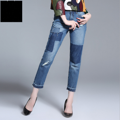 法米姿 春款乞丐毛边裤撞色破洞牛仔裤九分裤