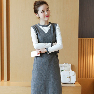 蜜森妮秋冬两件套长袖连衣裙时尚长裙背带马甲