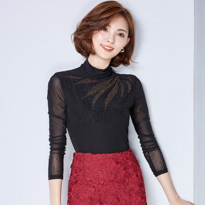 暗恋柚子派 秋季新款高领网纱打底衫女长袖烫