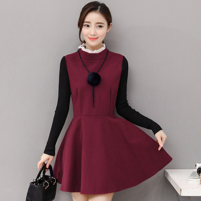妮贝熙 2016新款韩版连衣裙长袖毛呢打底裙秋