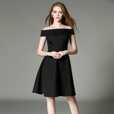 2016夏装新款欧洲站一字肩短袖修身礼服连衣