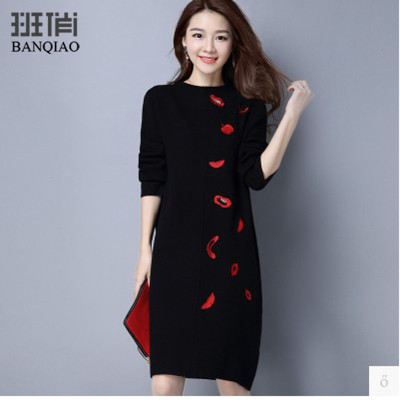 班俏2016秋冬女针织连衣裙长袖宽松中长款欧