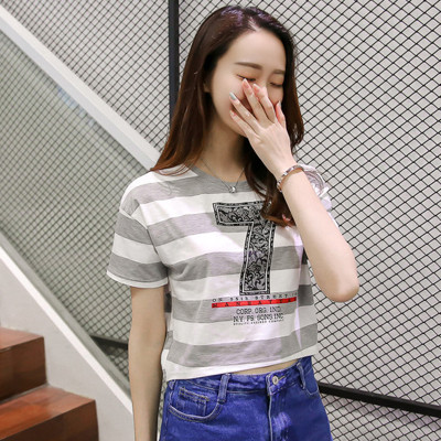 韩衣兜 夏装新款数字字母印花短款t恤女打底衫