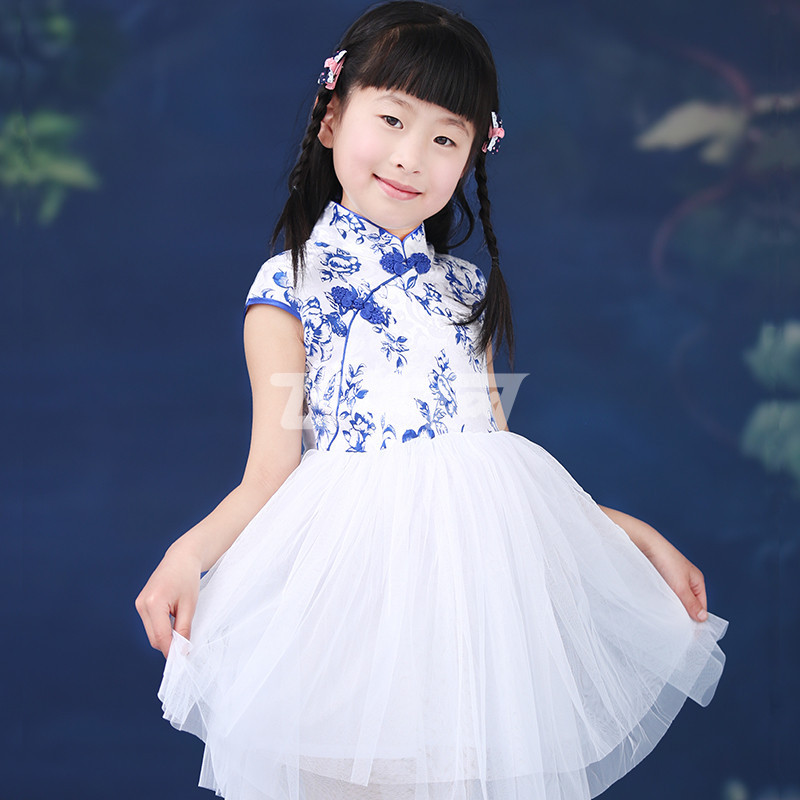 儿童装夏装唐装夏季 古典青花瓷古筝演出服装