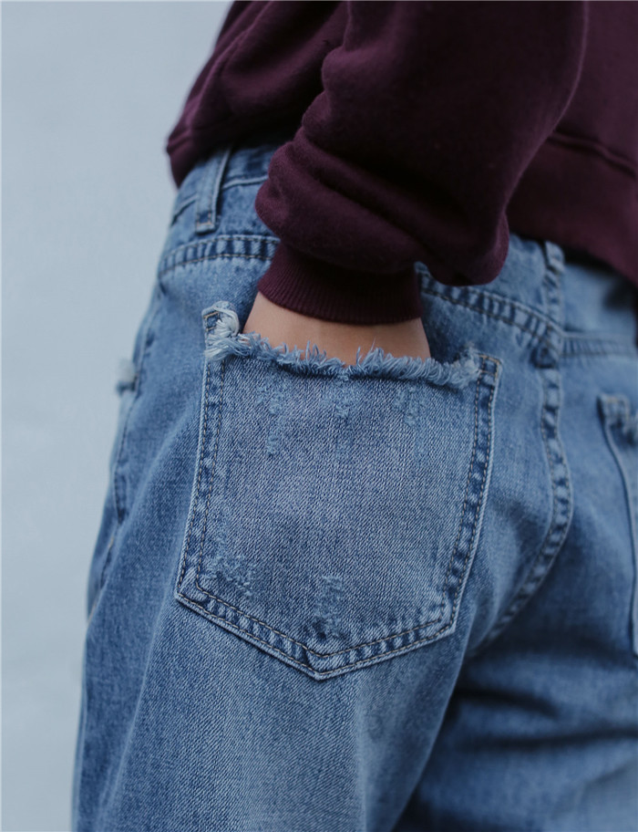 几未 2016秋装新款韩版女牛仔裤 宽松显瘦磨破