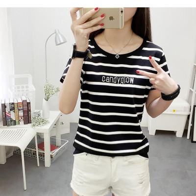 XINBUZOU 2017短袖t恤女条纹绣花字母简约韩