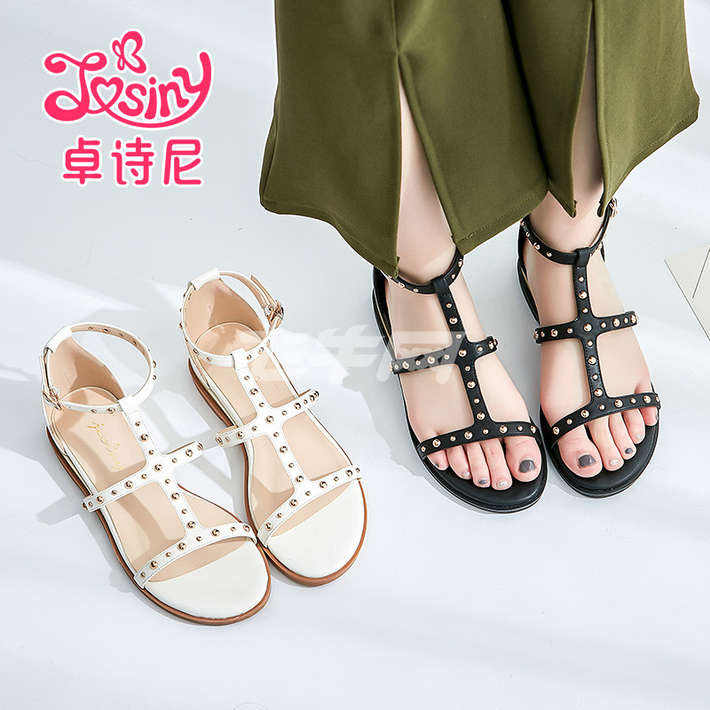 卓诗尼2017夏季新款平底凉鞋丁字式扣带罗马后包女鞋