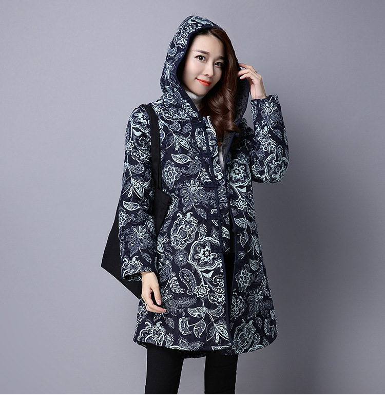 one-xuan冬装民族风复古女装棉麻中式青花长款