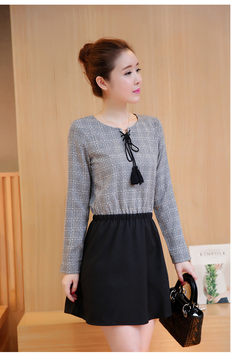 三际2016韩版女秋装新款流苏拼接收腰显瘦系