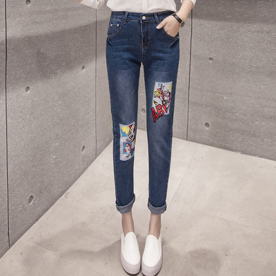 子的口袋 2017春季韩版新款刺绣小脚牛仔裤女