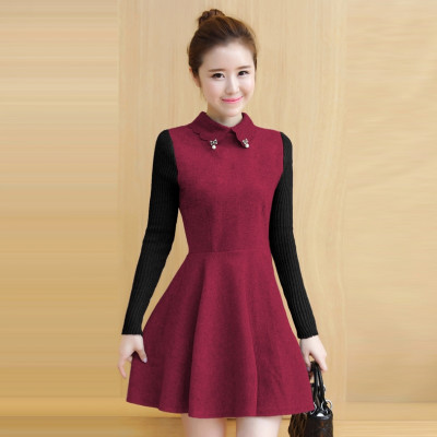韩逸布舍2016冬韩版新款中长款毛呢连衣裙翻