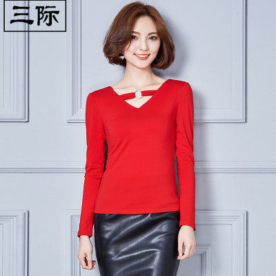 三际2016韩版女装秋装新款拼接修身长袖v领纯