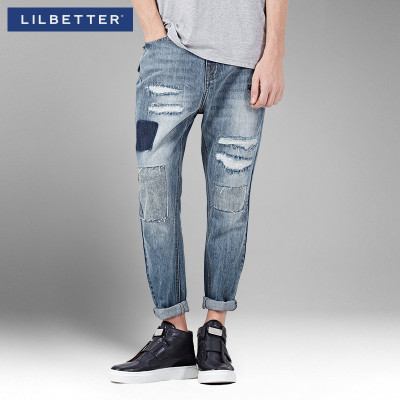 Lilbetter男士牛仔裤 破洞补丁水洗单宁长裤青年