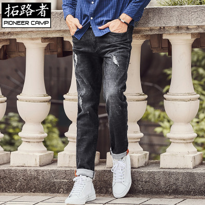 拓路者2016秋季新款男装直筒修身弹力破洞牛