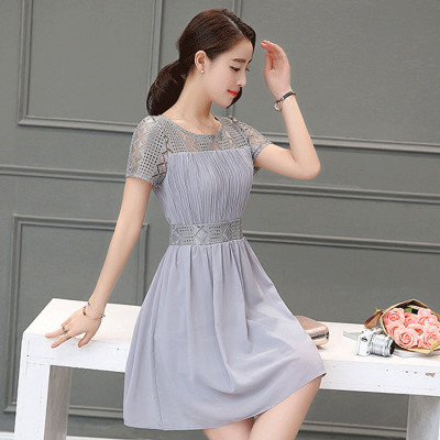 one-xuan 2016夏季时尚短袖蕾丝雪纺连衣裙女