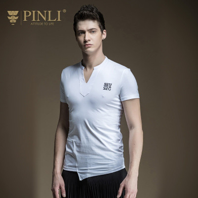 PINLI品立2017夏季新款男装修身梭织V领短袖