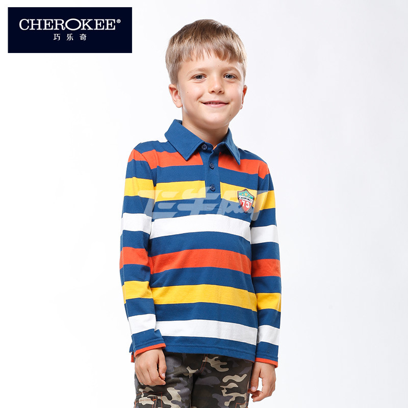 巧乐奇cherokeee秋装新款男童条纹纯棉翻领衫长袖polo衫627538