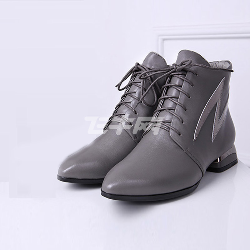 美国犀牛meixi女靴子秋冬新款短靴系带女皮鞋尖头加厚防滑靴子皮鞋