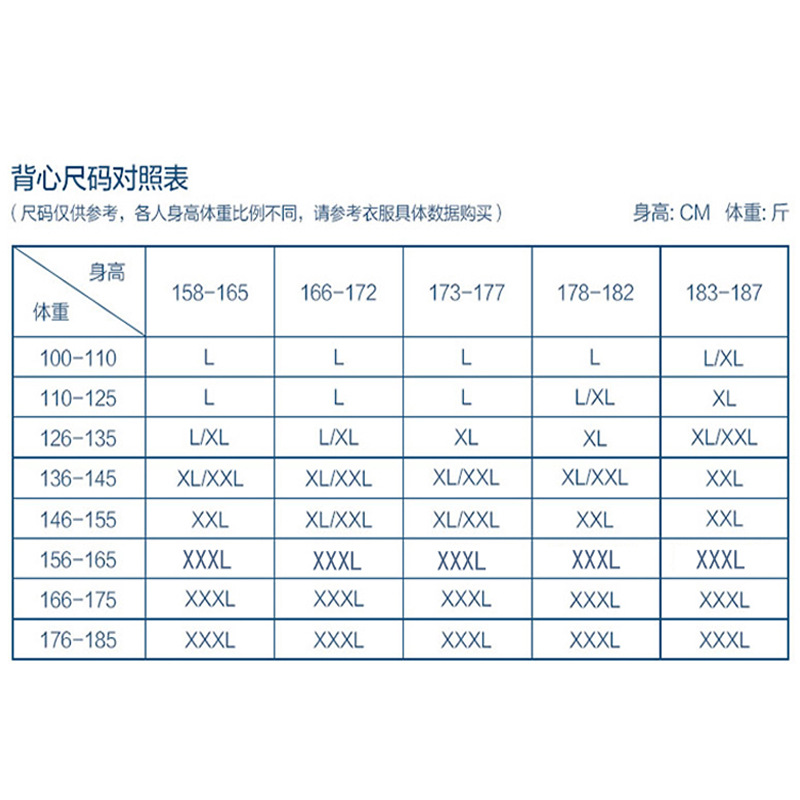 背心尺码对照表男士图片