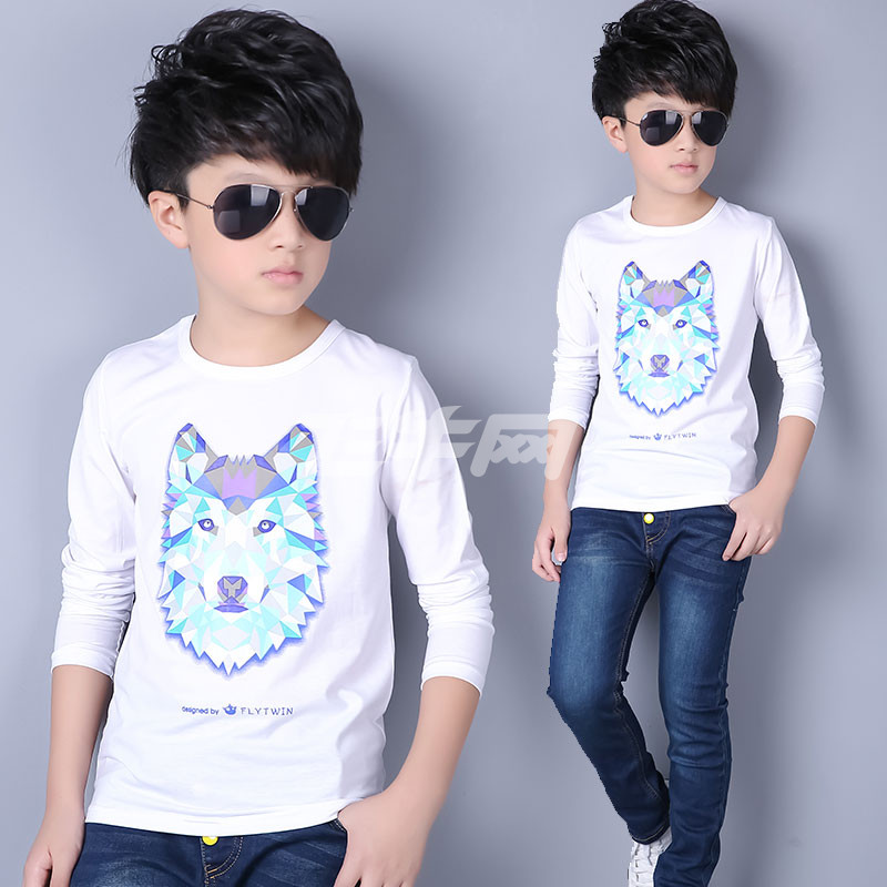 笛钰 童装男童t恤长袖圆领狼头印花2017春季新品儿童体恤中大童上衣