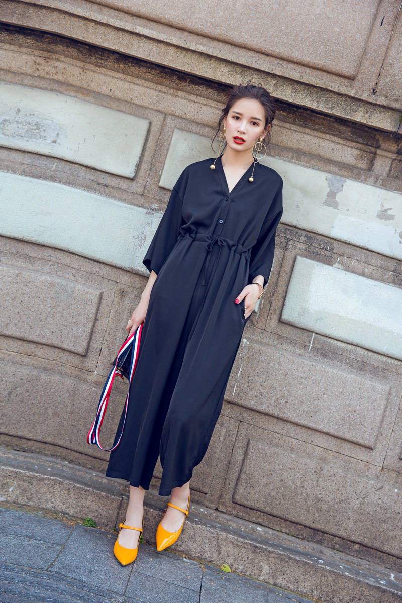 兮冉2017夏季新品韩版女装时尚复古七分袖v领九分高腰阔腿连体裤 2612