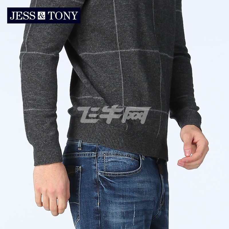 jesstony羊毛衫男17冬新款男式套头格纹毛衫629506
